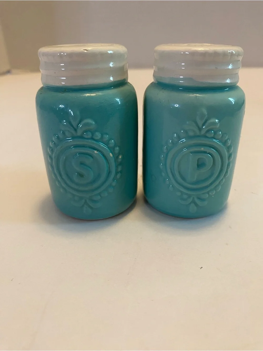 World Market Mason Jar Salt & Pepper Shakers Blue Set Ceramic Farmhouse Decor